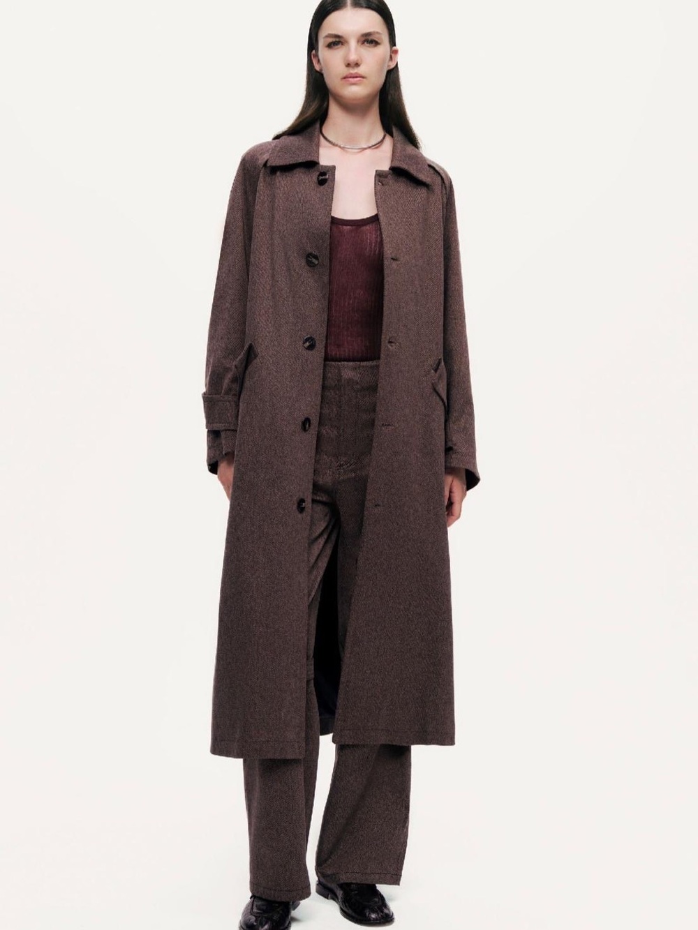 Wool-Blend Olive Brown Trench Coat